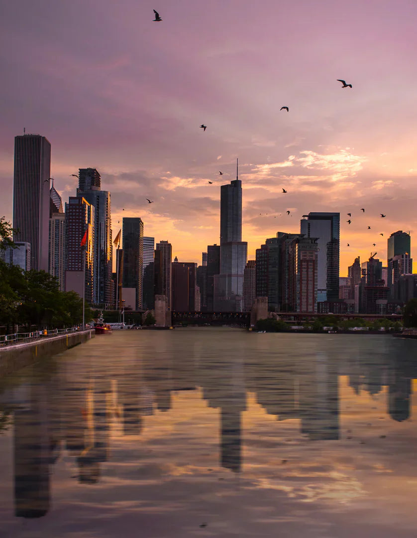 Chicago skyline reflected on Lake Michigan at golden hour during a Wendella sunset cruis