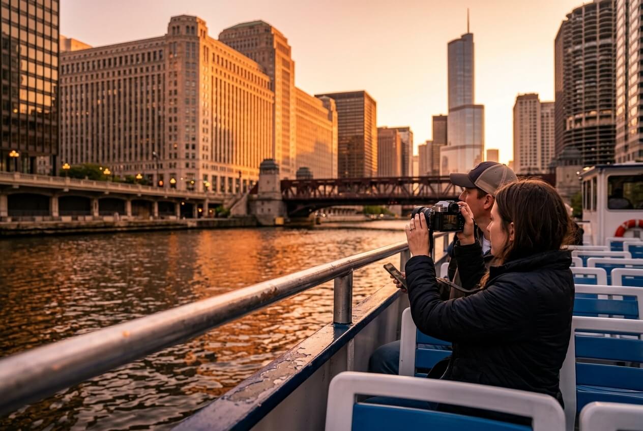 Chicago skyline glowing at golden hour from Lake Michigan on a Wendella sunset cruise