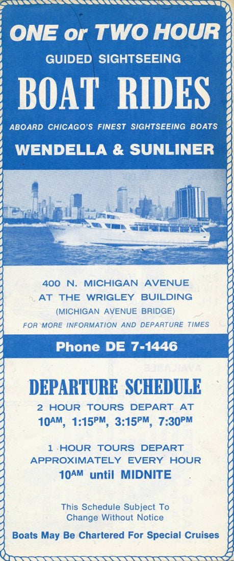 A vintage blue and white Wendella Chicago sightseeing boat tour from the 1970s